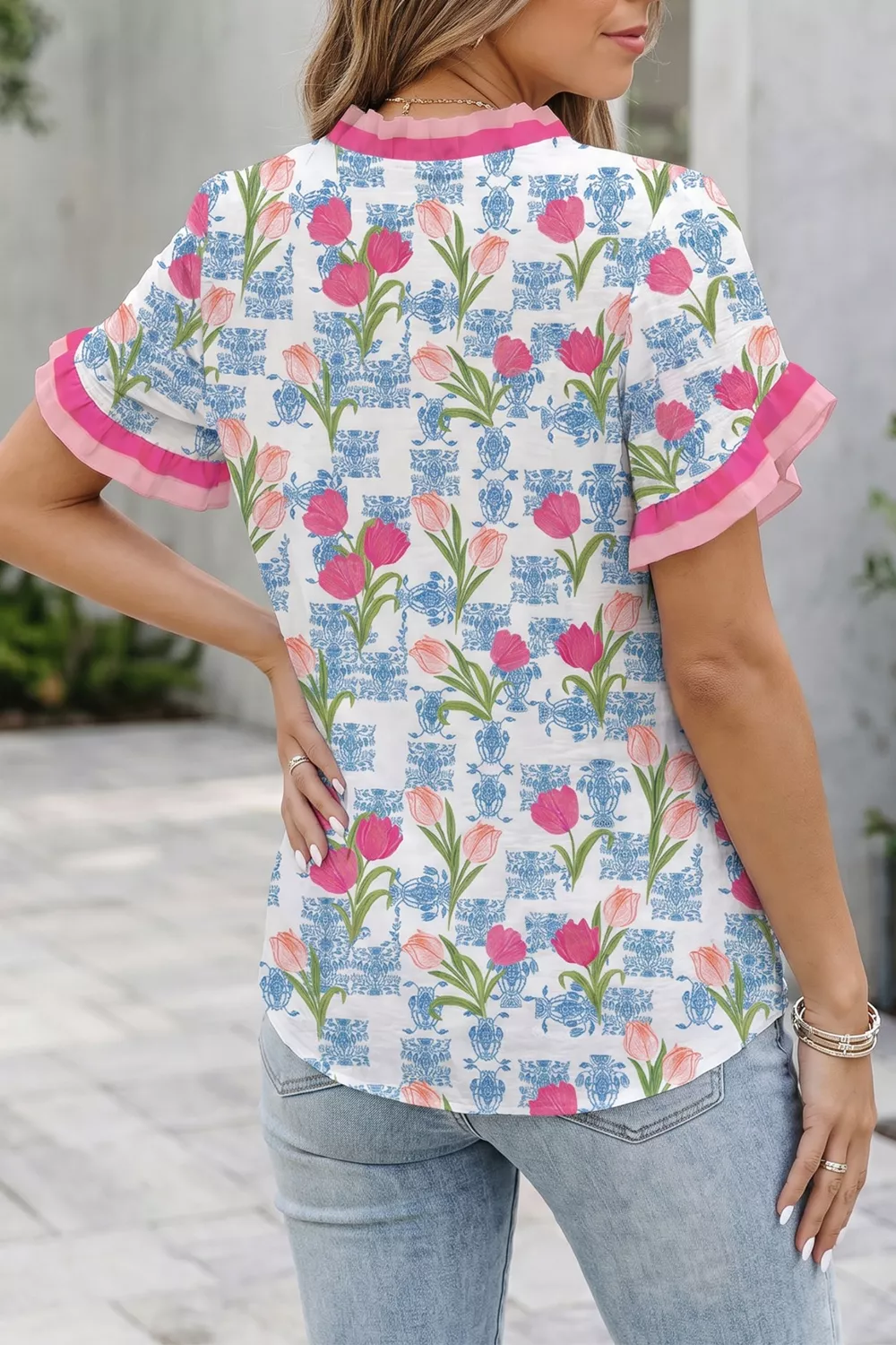Floral Print Ruffle V-Neck Short Sleeve Loose Tunic Shirt, image 2