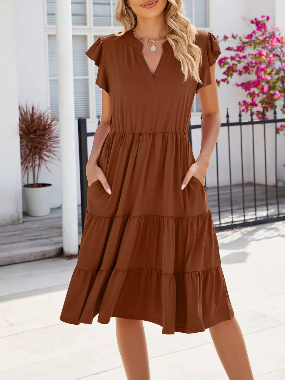 Ruffled Notched Tiered Midi Dress, image 12