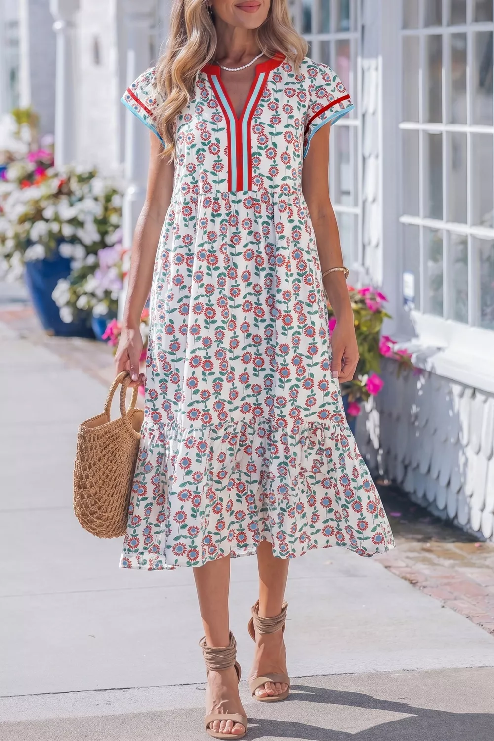 Floral Print Ruffle Sleeve Tiered Midi Dress