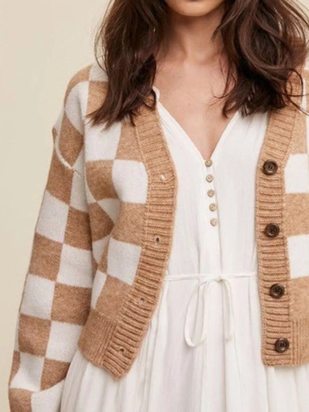Checkerboard Pattern Button-Down Cardigan, image 7