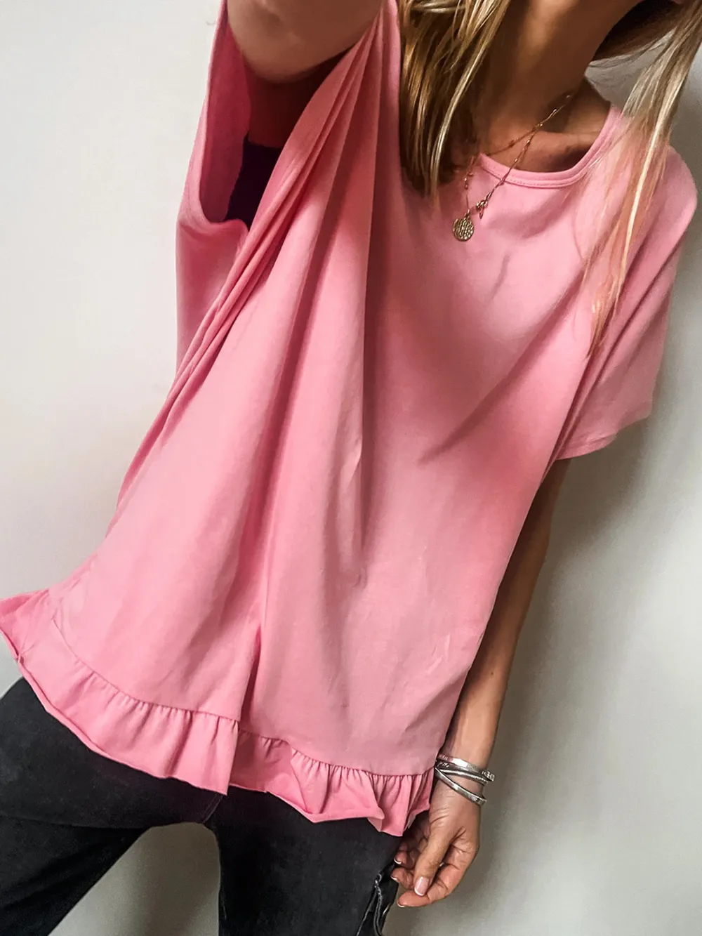 Ruffle Hem Round Neck Relaxed T-Shirt, image 3