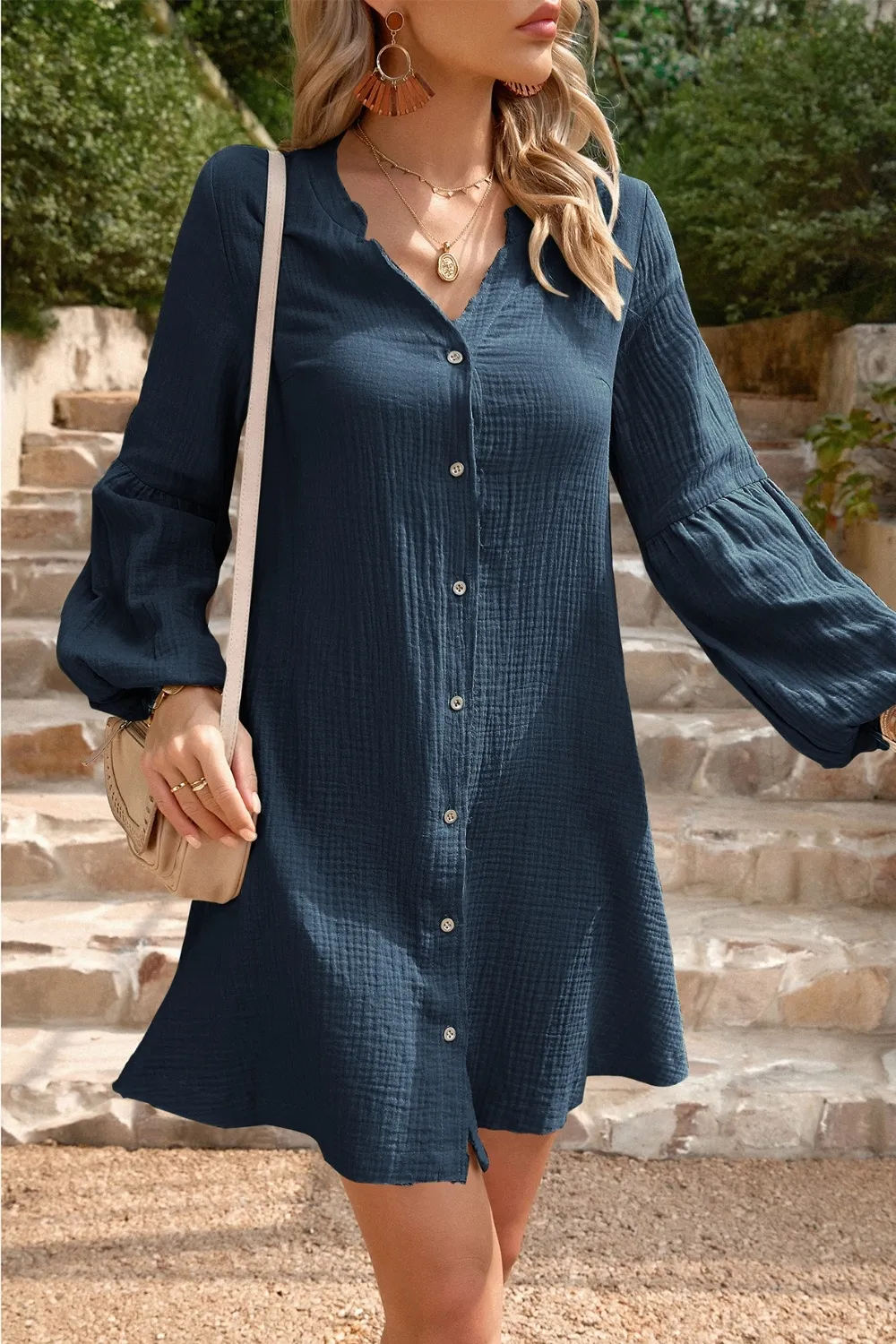 Notched Balloon Sleeve Mini Dress, image 10
