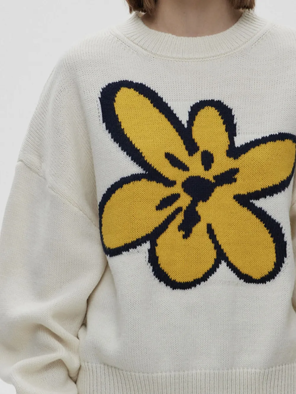 Flower Ribbed Hem Round Neck Sweater, image 12