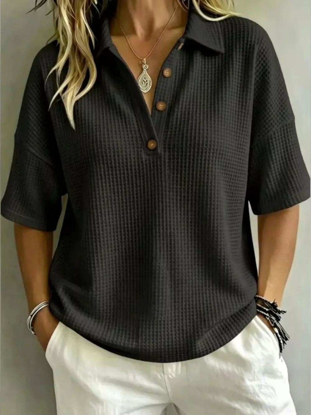 Full Size Waffle Knit Polo Top with Button Detail Plus Size, image 5