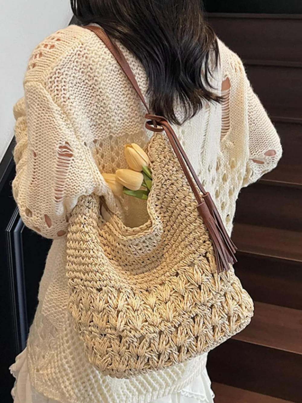 Woven Straw Shoulder Bag with Tassels, image 5