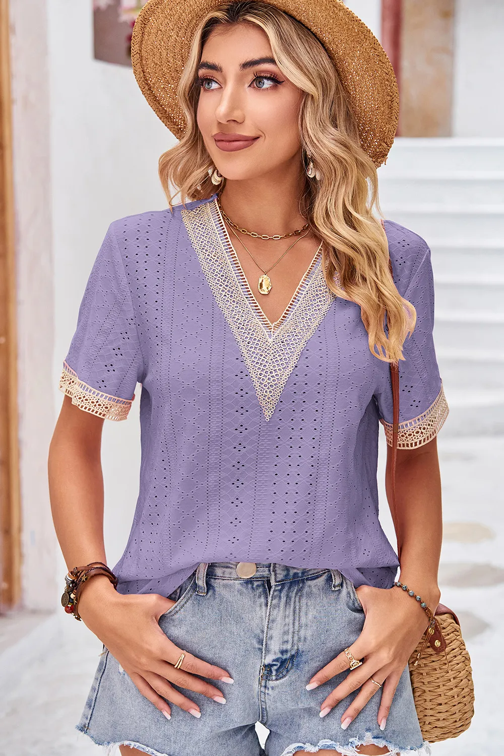 Eyelet V-Neck Short Sleeve T-Shirt, image 21
