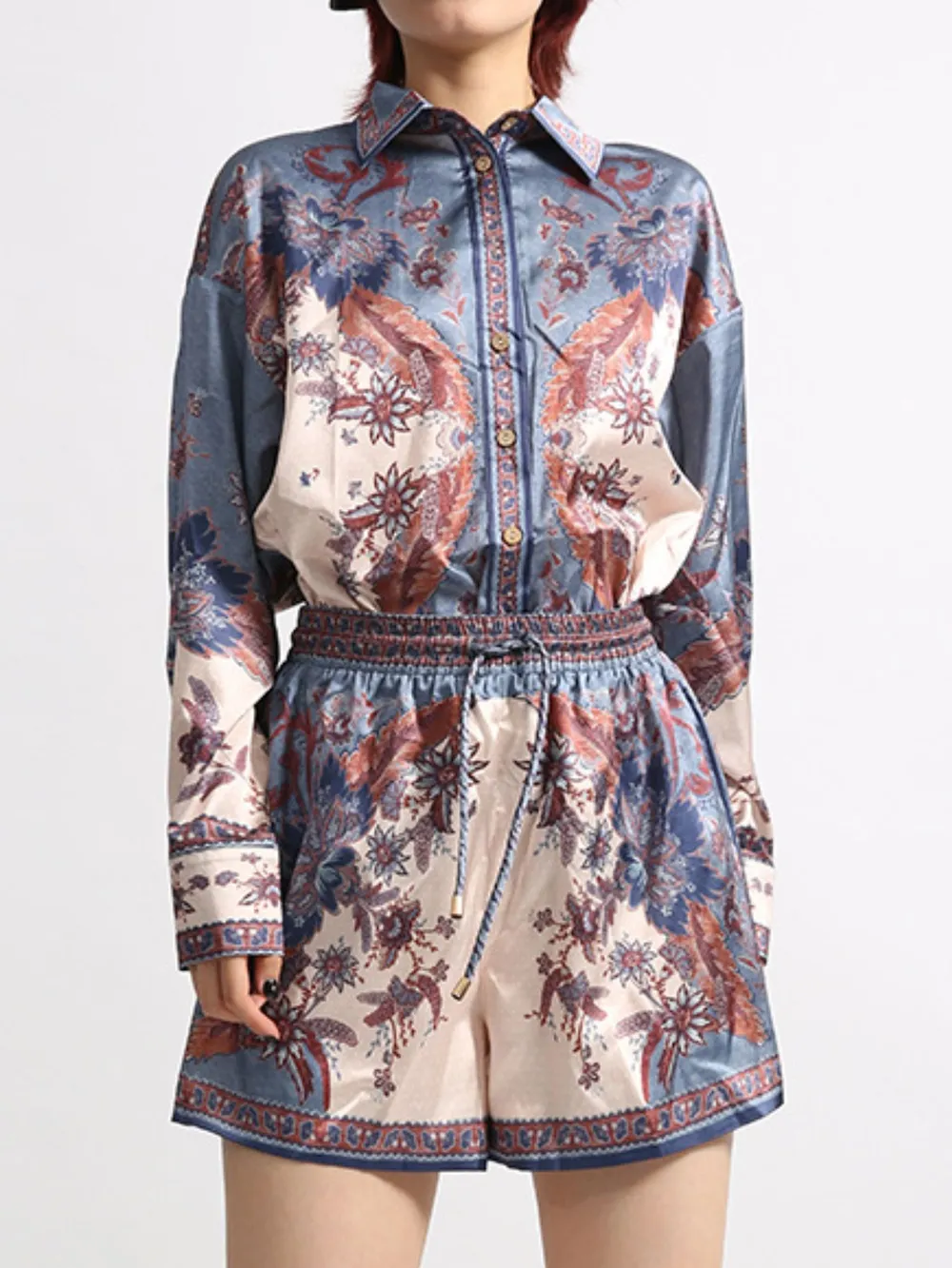 Printed Button Front Long Sleeve Shirt and Shorts Set, image 2