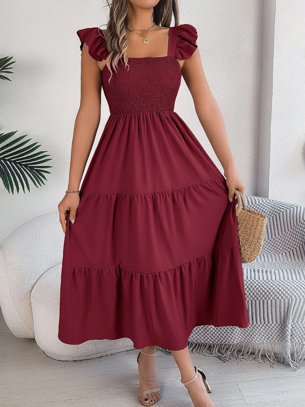 Smocked Square Neck Cap Sleeve Midi Dress, image 11
