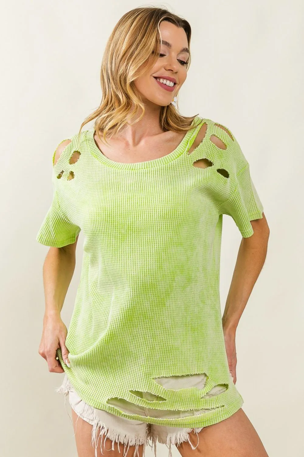 Laser Cut Mineral Washed Loose Fit Thermal Top