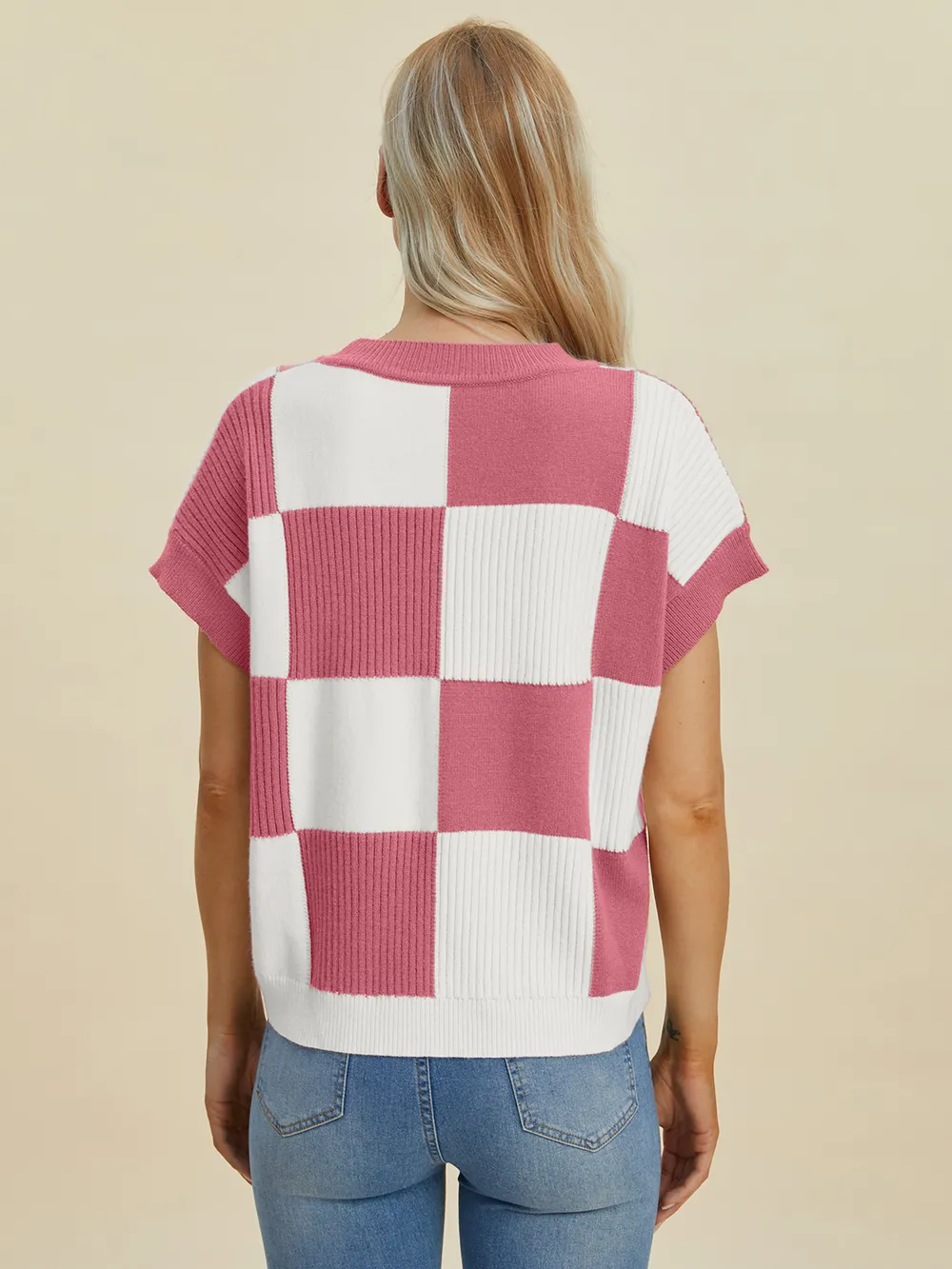 Full Size Checkered Round Neck Short Sleeve Sweater, image 12