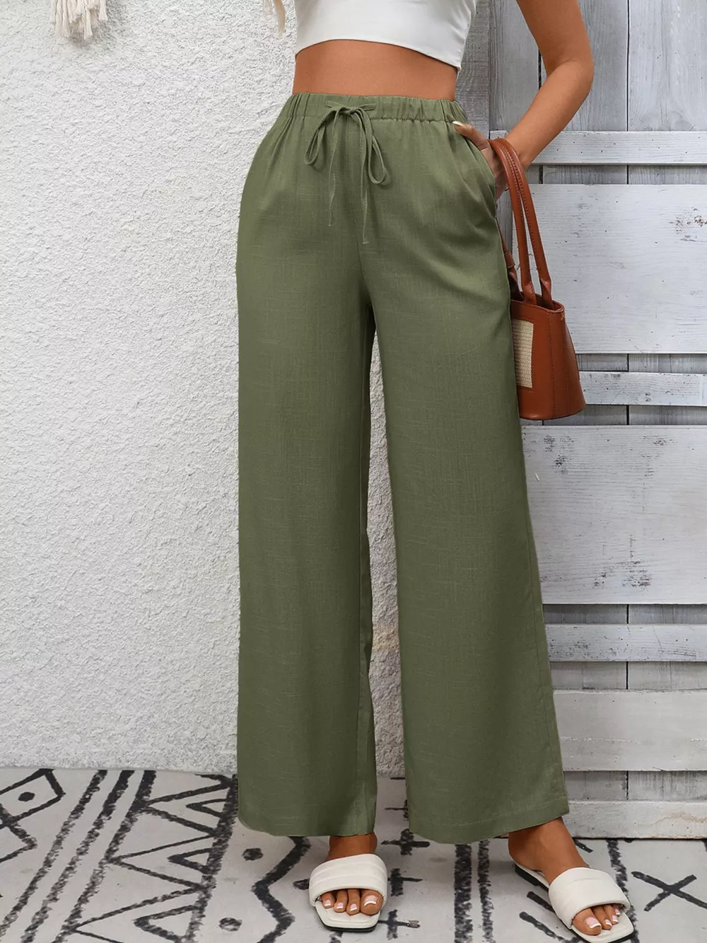 Drawstring High Waist Wide Leg Pants, image 8