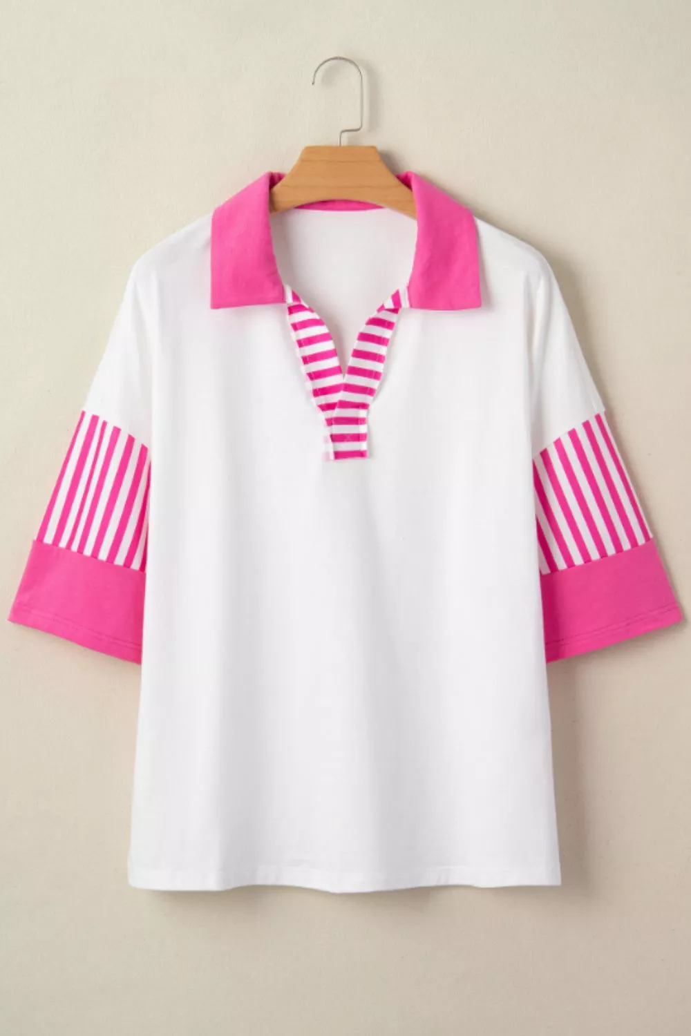 Striped Color Block Patchwork Polo Collar Half Sleeve T Shirt, image 4