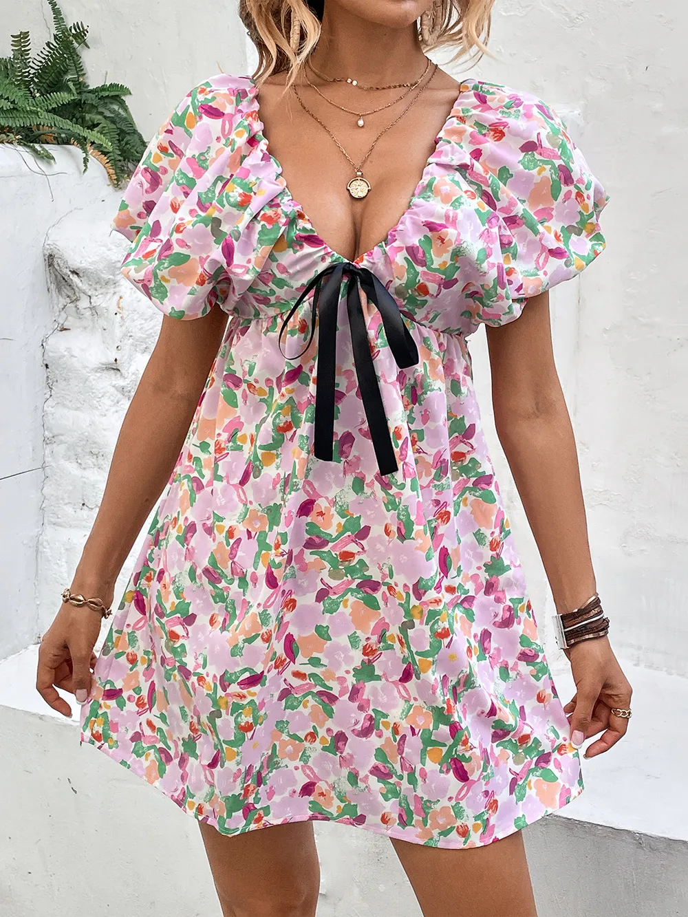 Printed V-Neck Puff Sleeve Mini Dress, image 2