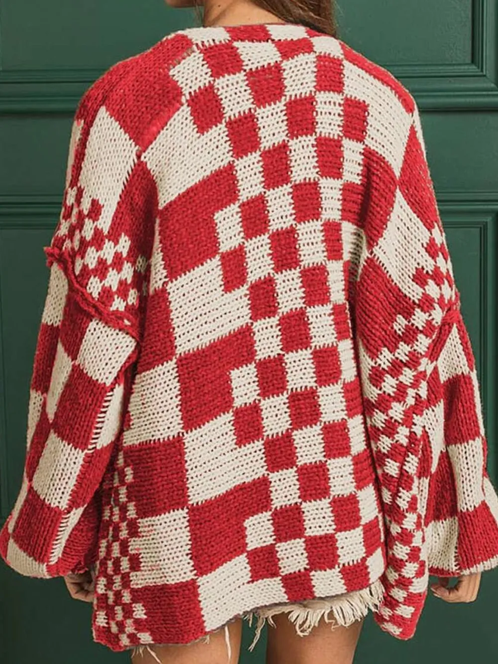 Checkered Open Front Long Sleeve Cardigan, image 4