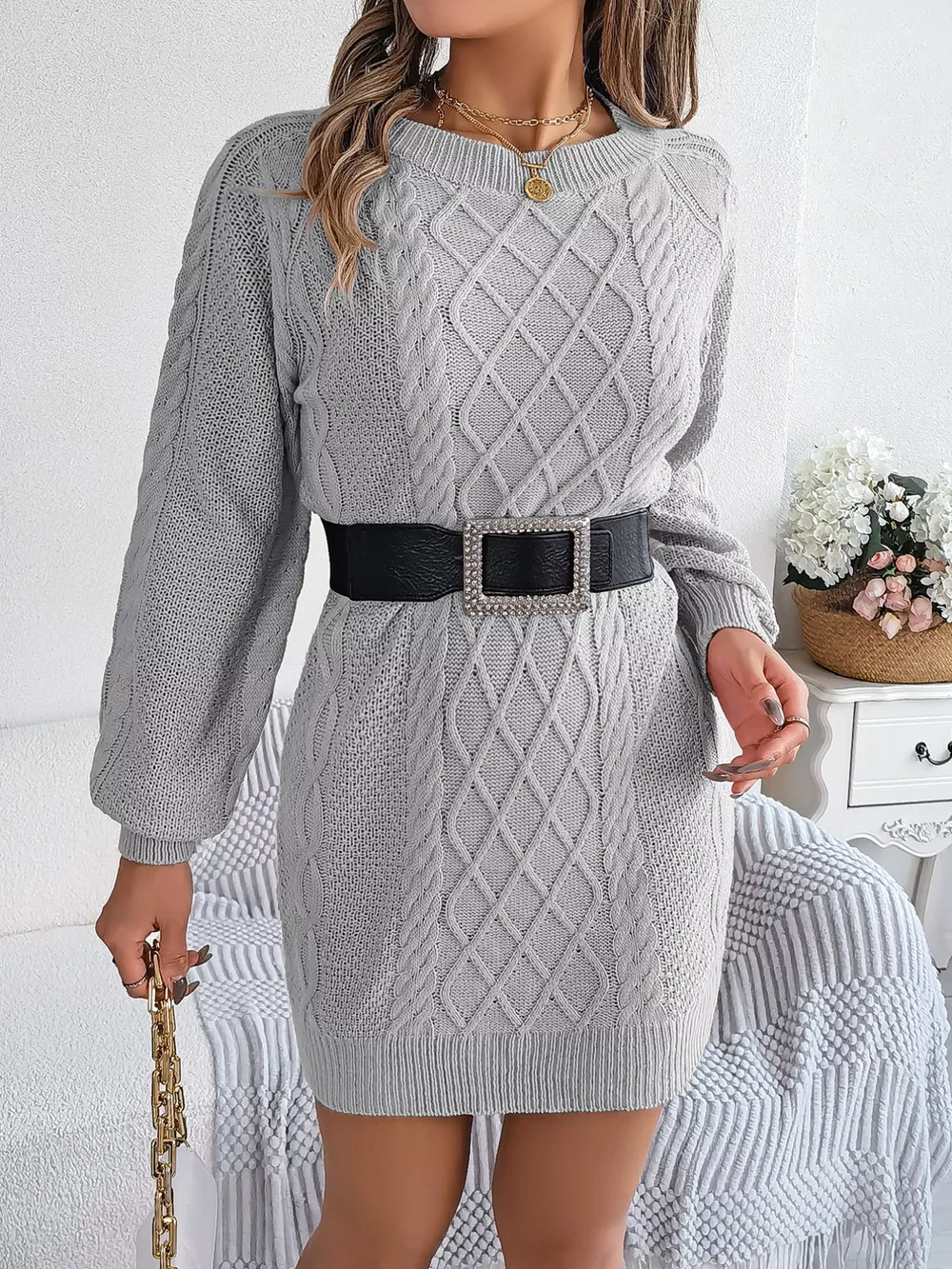 Diamond Cable Knit Sweater Dress with Long Sleeves, image 19