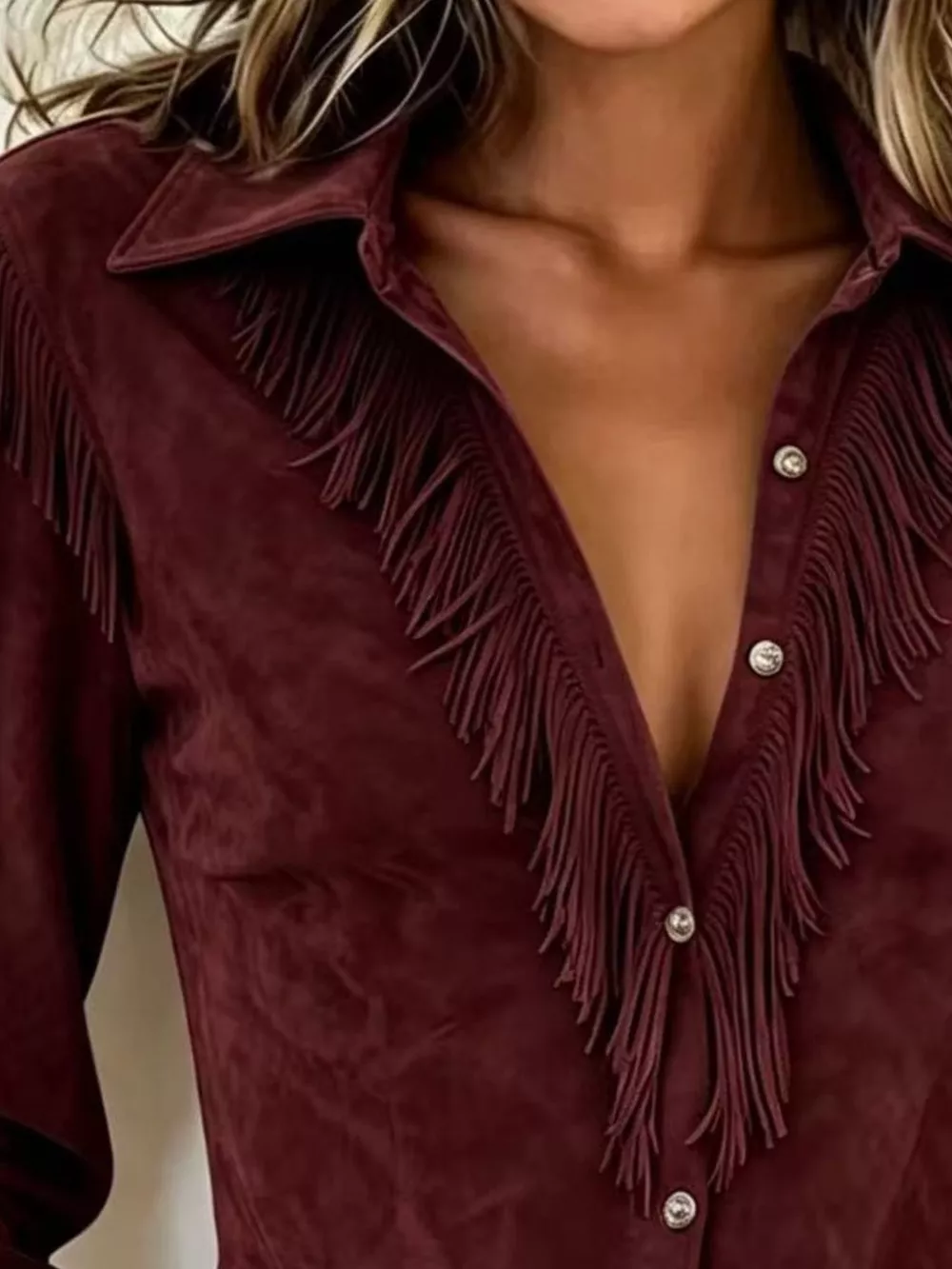 Full Size Fringed Collared Neck Shirt Plus Size, image 15