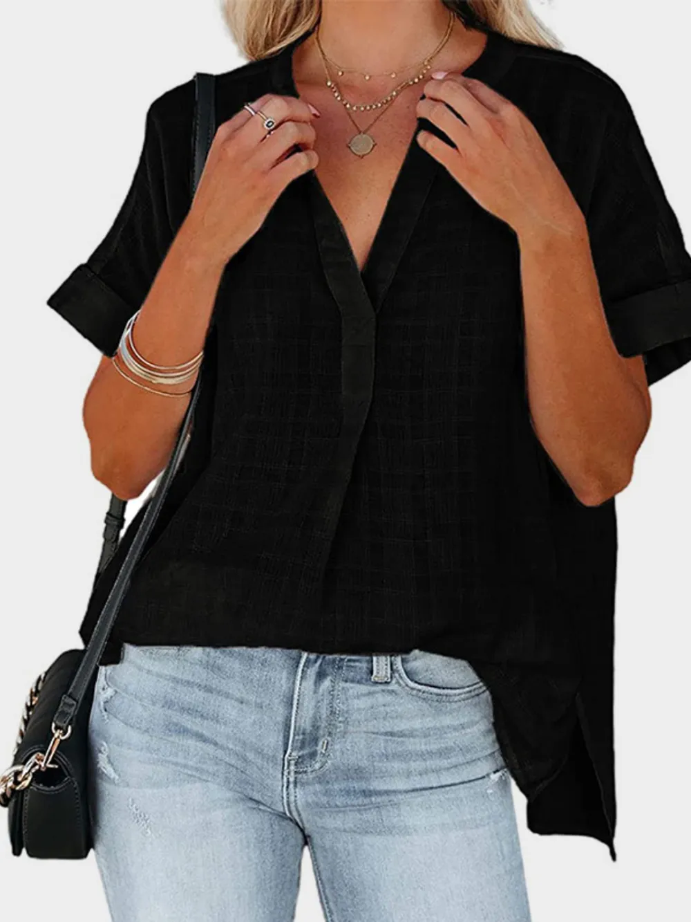 Side Slit Notched Short Sleeve Blouse, image 14
