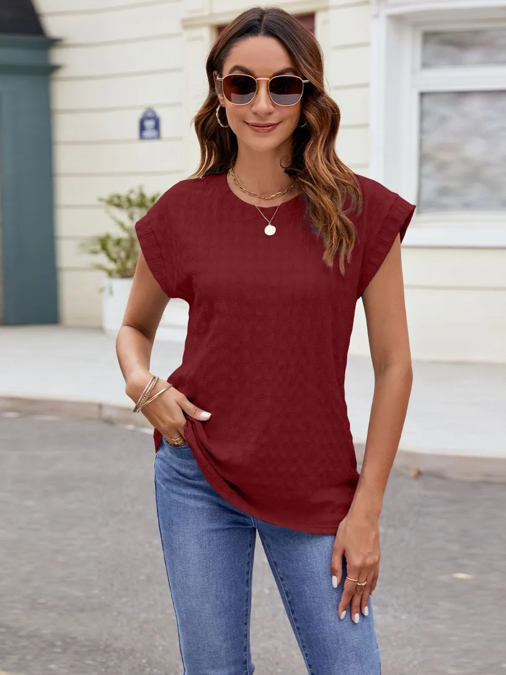 Textured Round Neck Cap Sleeve T-Shirt, image 28