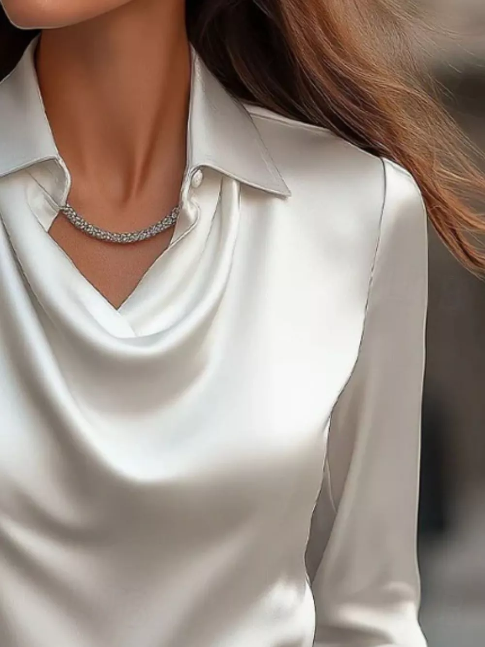 Ruched Long Sleeve Drape Collar Blouse, image 5