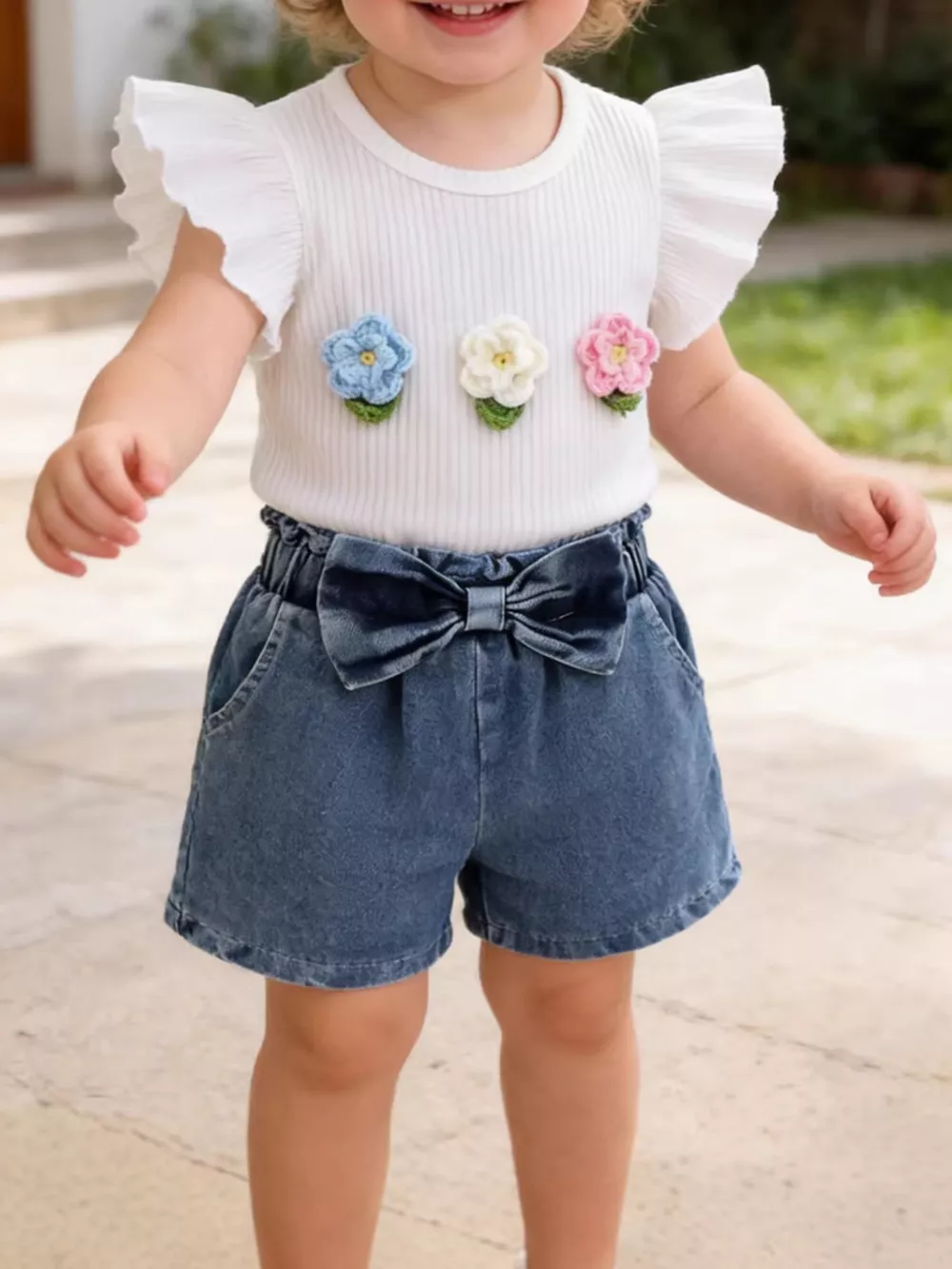 Children's Ruffled Flower Top and Denim Shorts Set, image 2