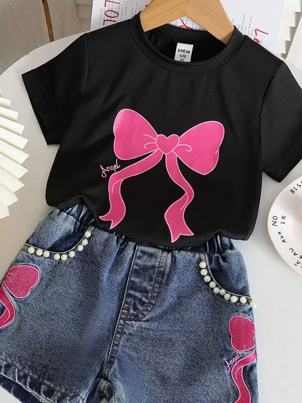 Children's Bowknot T-shirt and Denim Shorts Set, image 7
