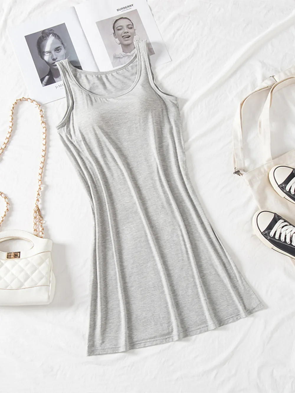 Round Neck Wide Strap Mini Tank Dress with Bra, image 14