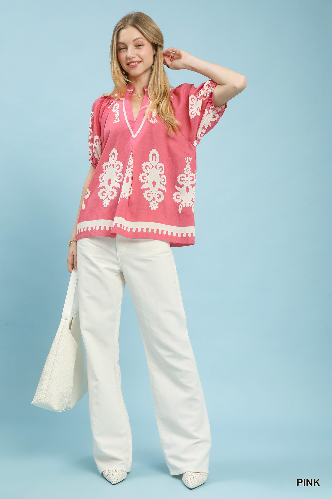Boho Print Split-Neck Short Sleeve Top, image 4
