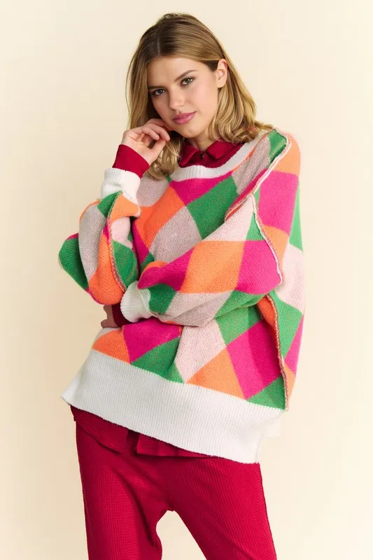 Exposed Seam Color Block Dropped Shoulder Sweater, image 2