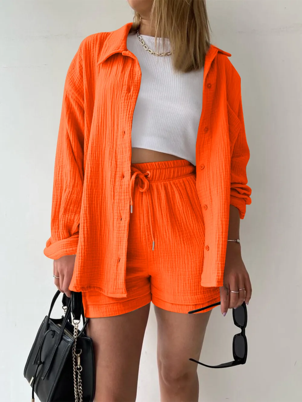Texture Button Up Shirt and Drawstring Shorts Set, image 13