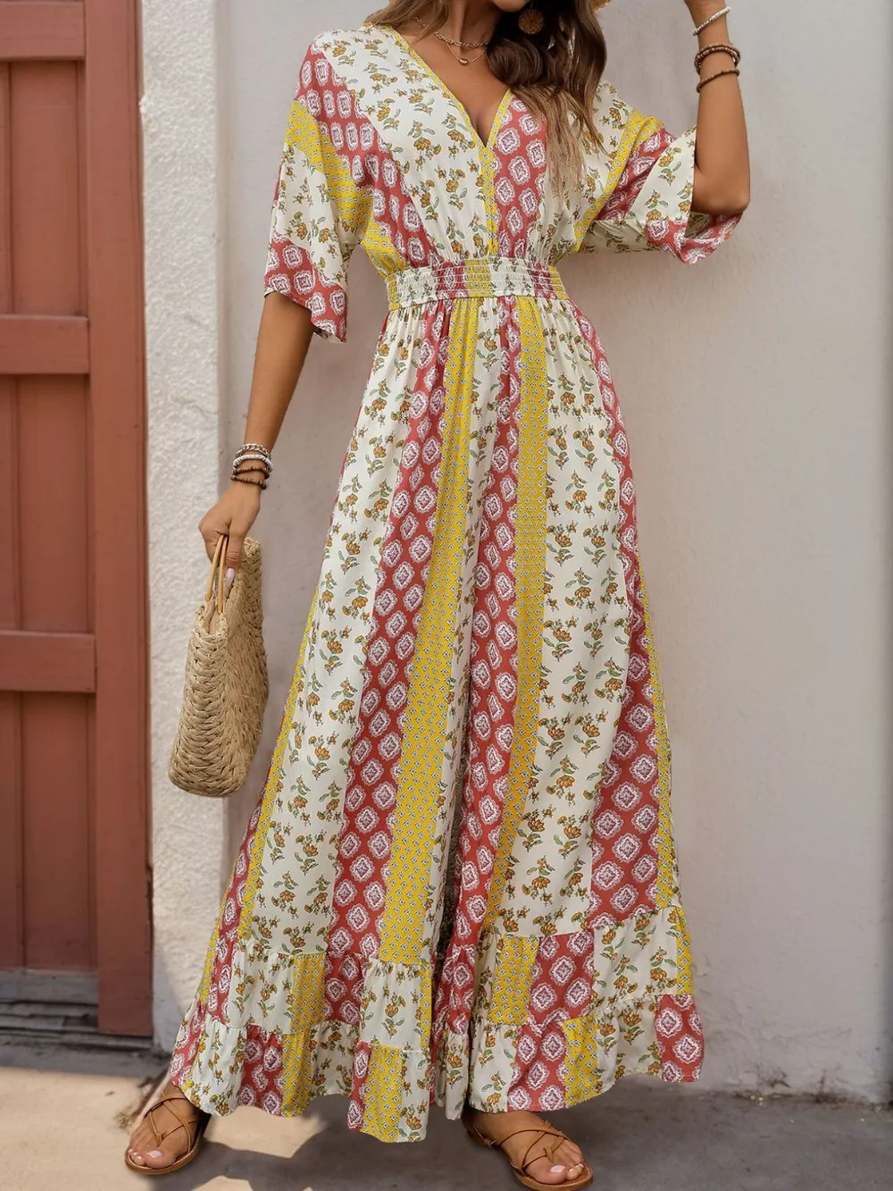 Ruffled Hem Printed V-Neck Jumpsuit