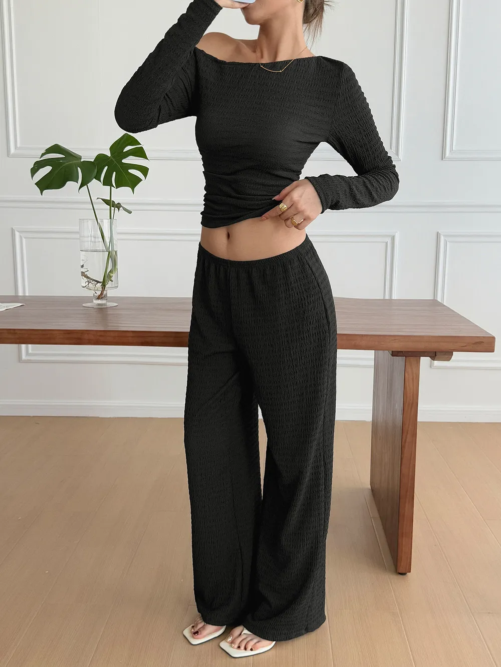 One Shoulder Long Sleeve Top and Pants Set, image 6