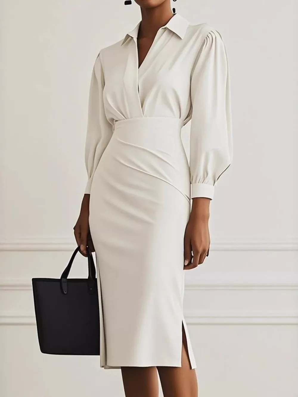 Ruched Midi Shirt Dress with Side Slit, image 8