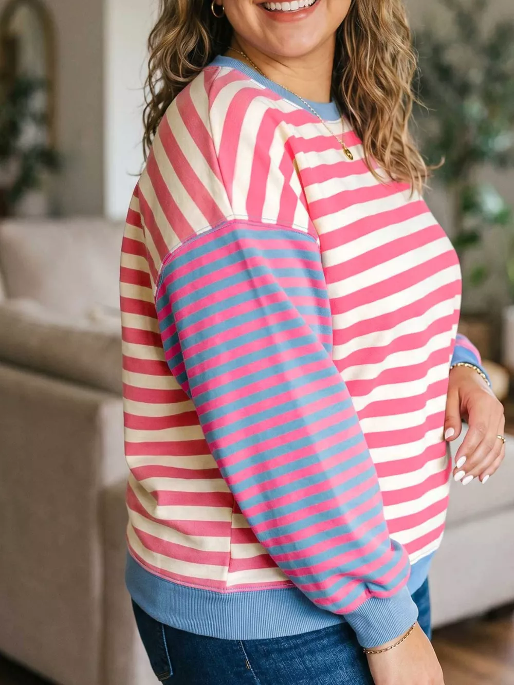 Plus Size Color Block Striped Crewneck Long Sleeve Shift Tunic Sweatshirt, image 3