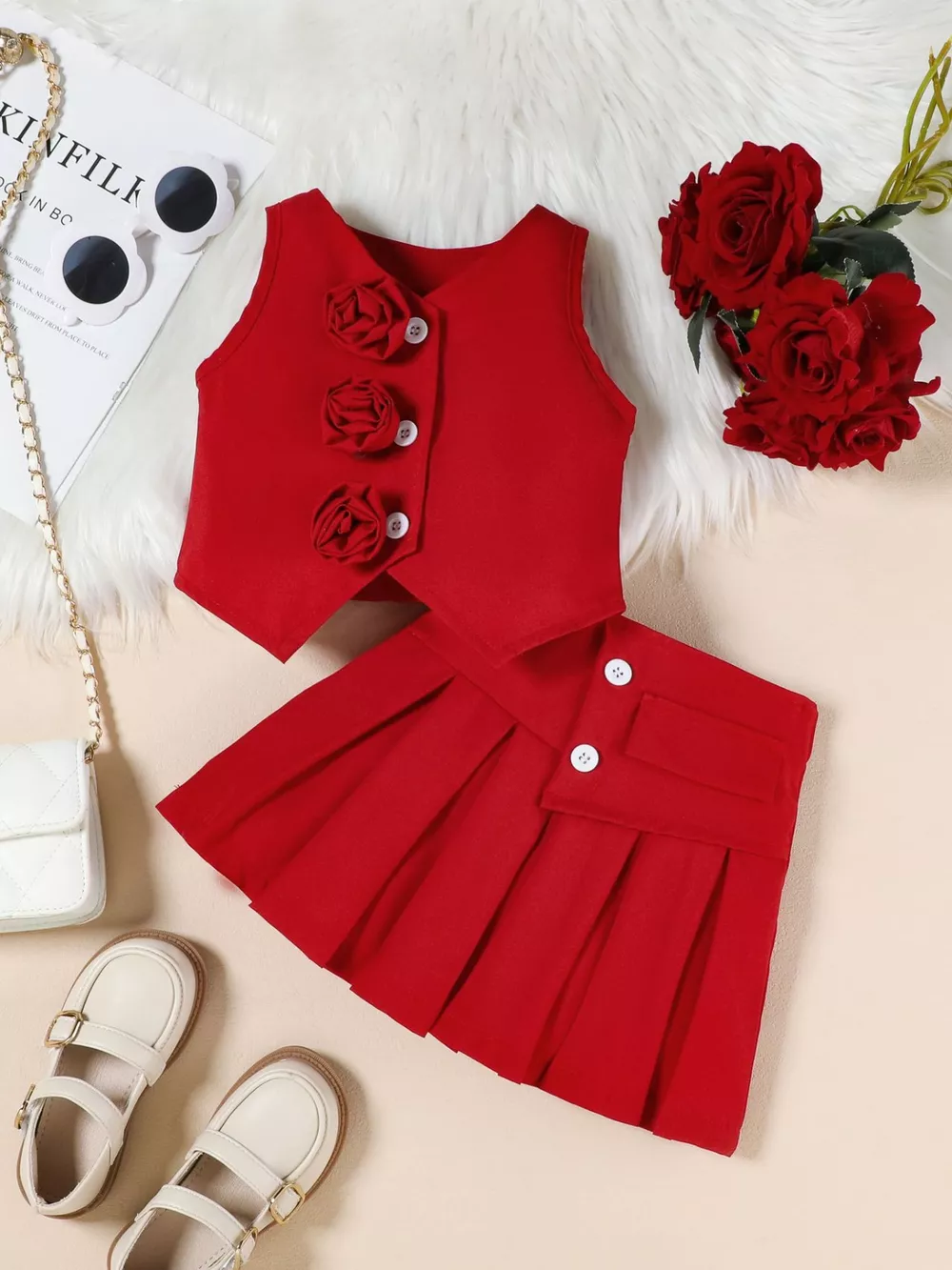 Children's Floral Decor Vest & Pleated Skirt Set, image 7