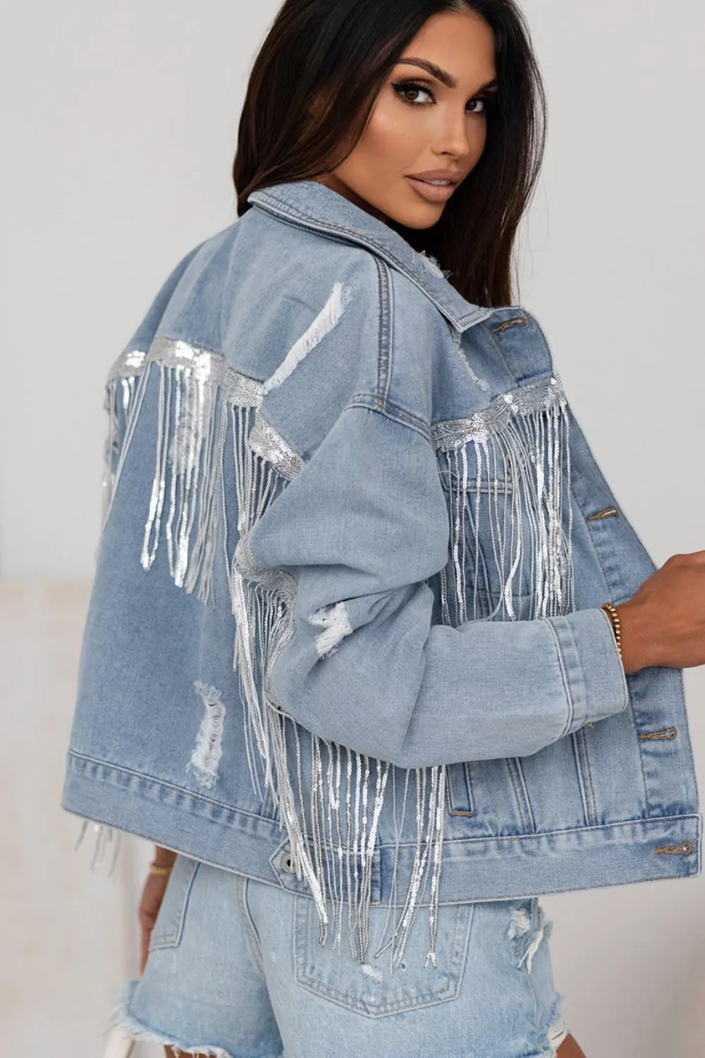 Sequin Fringe Trim Distressed Button Up Denim Jacket, image 4