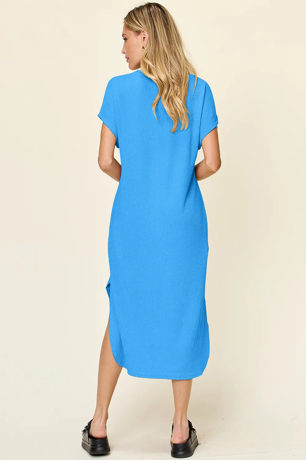 Full Size Round Neck Short Sleeve Slit Dress, image 4