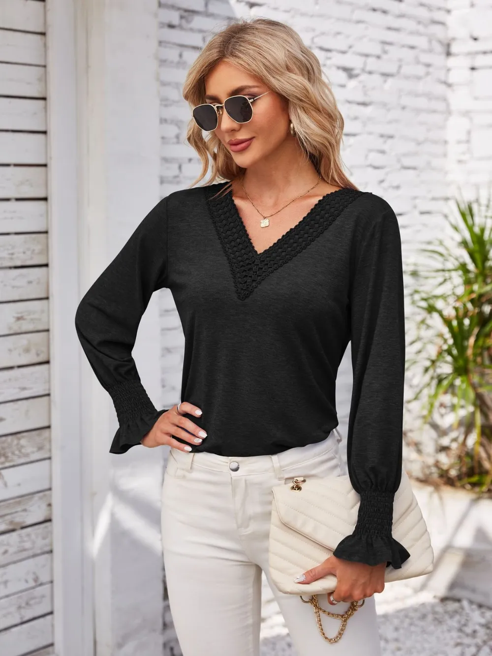 Smocked V-Neck Long Sleeve Blouse, image 11