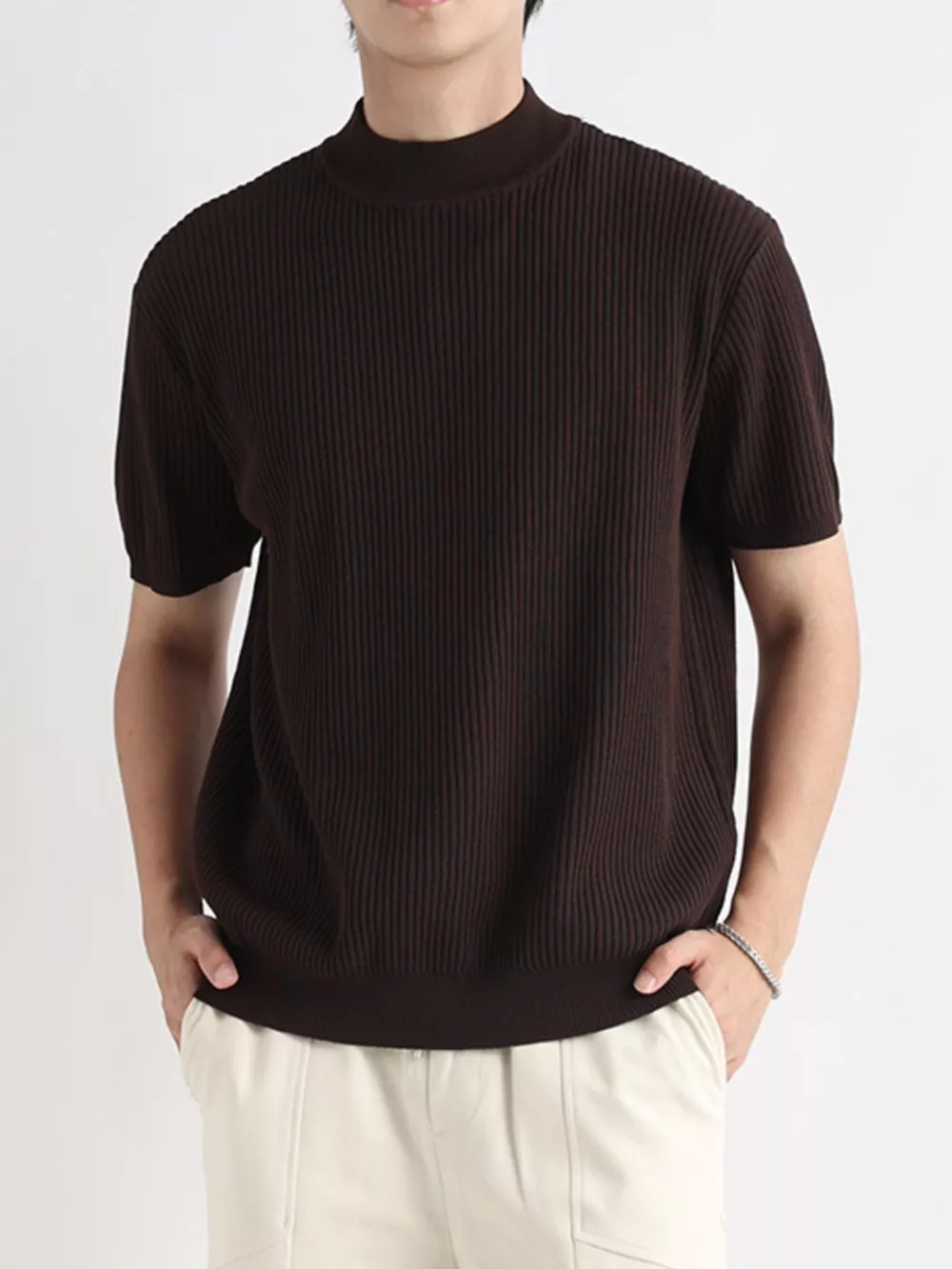 Men's Plus Size Ribbed Knit Mock Neck Short Sleeve T-Shirt, image 6