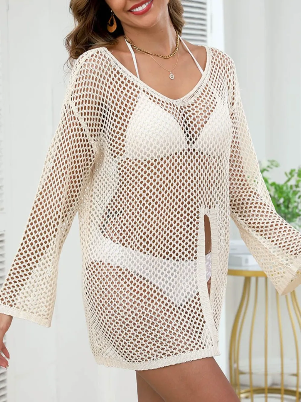 Openwork V-Neck Slit Cover-Up, image 17