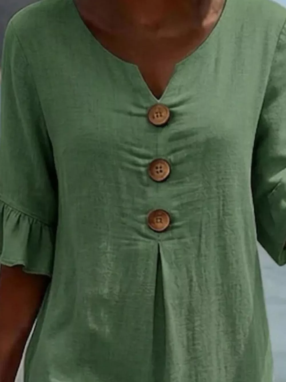 Full Size Decorative Button Ruffle Half Sleeve Dress Plus Size, image 11