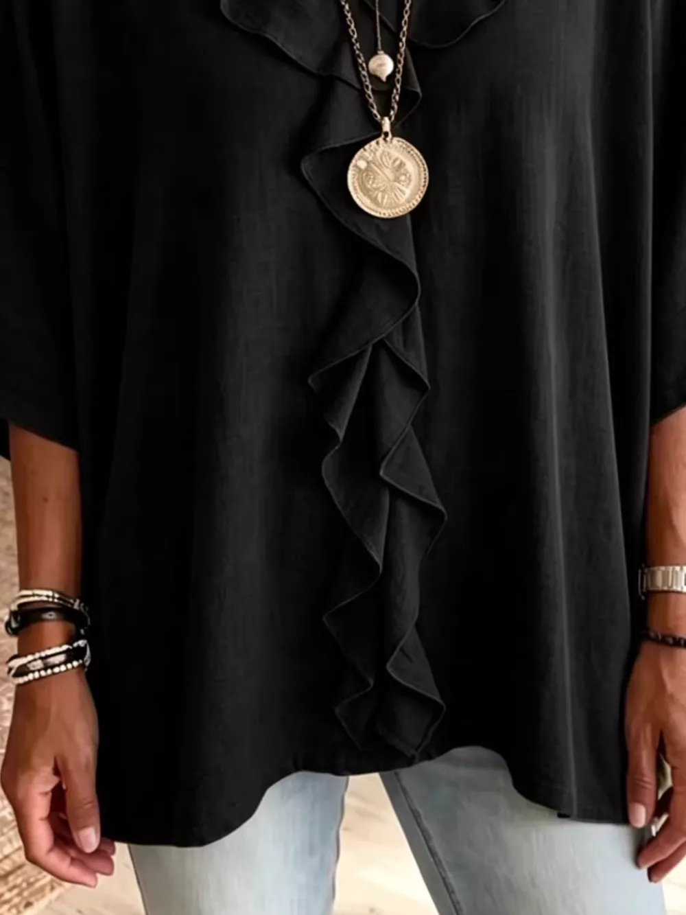 Full Size Ruffled V-Neck 3/4 Sleeve Blouse Plus Size, image 12