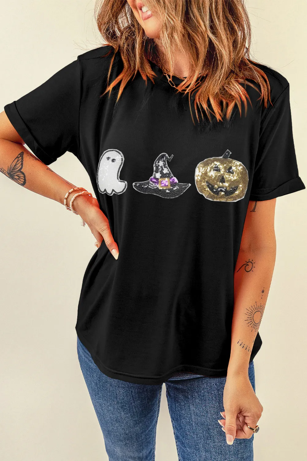 Sequin Round Neck Short Sleeve T-Shirt, image 4