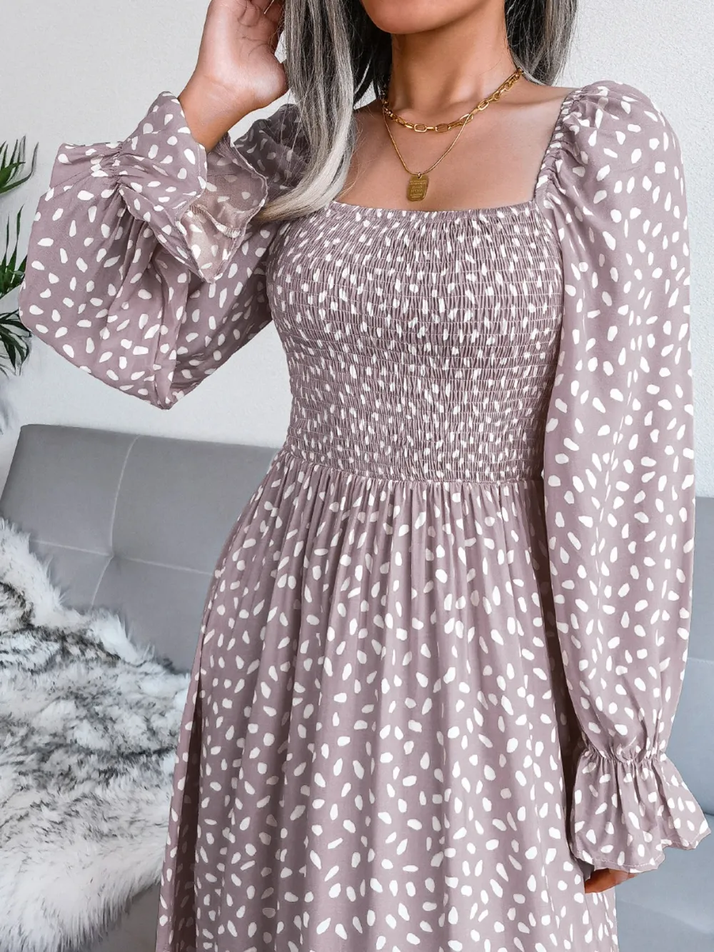 Smocked Square Neck Flounce Sleeve Dress, image 14