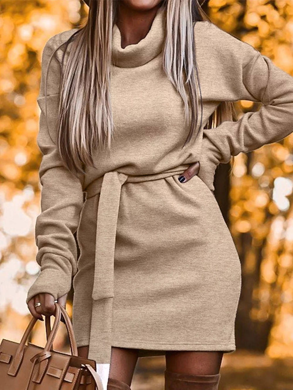 Turtleneck Belted Knit Dress, image 4