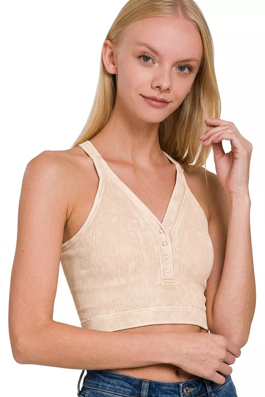 Washed Ribbed Seamless Button V-neck Tank Top, image 2