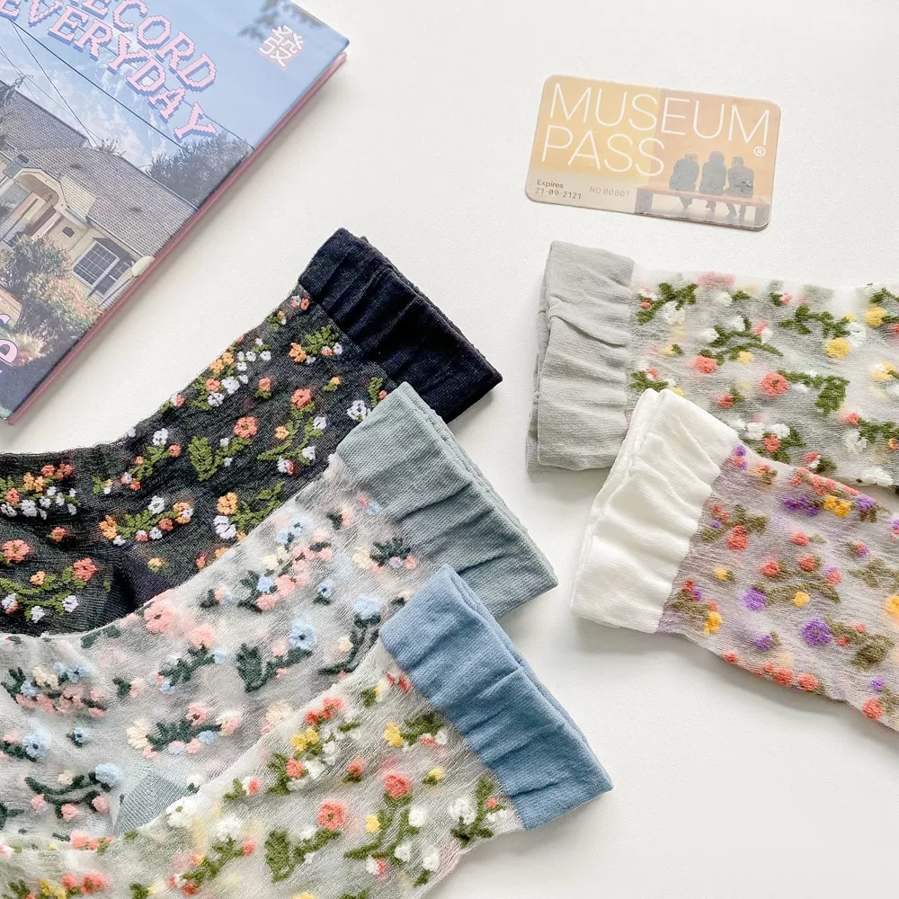 Floral Sheer Crew Socks 5 Pair Set, image 7
