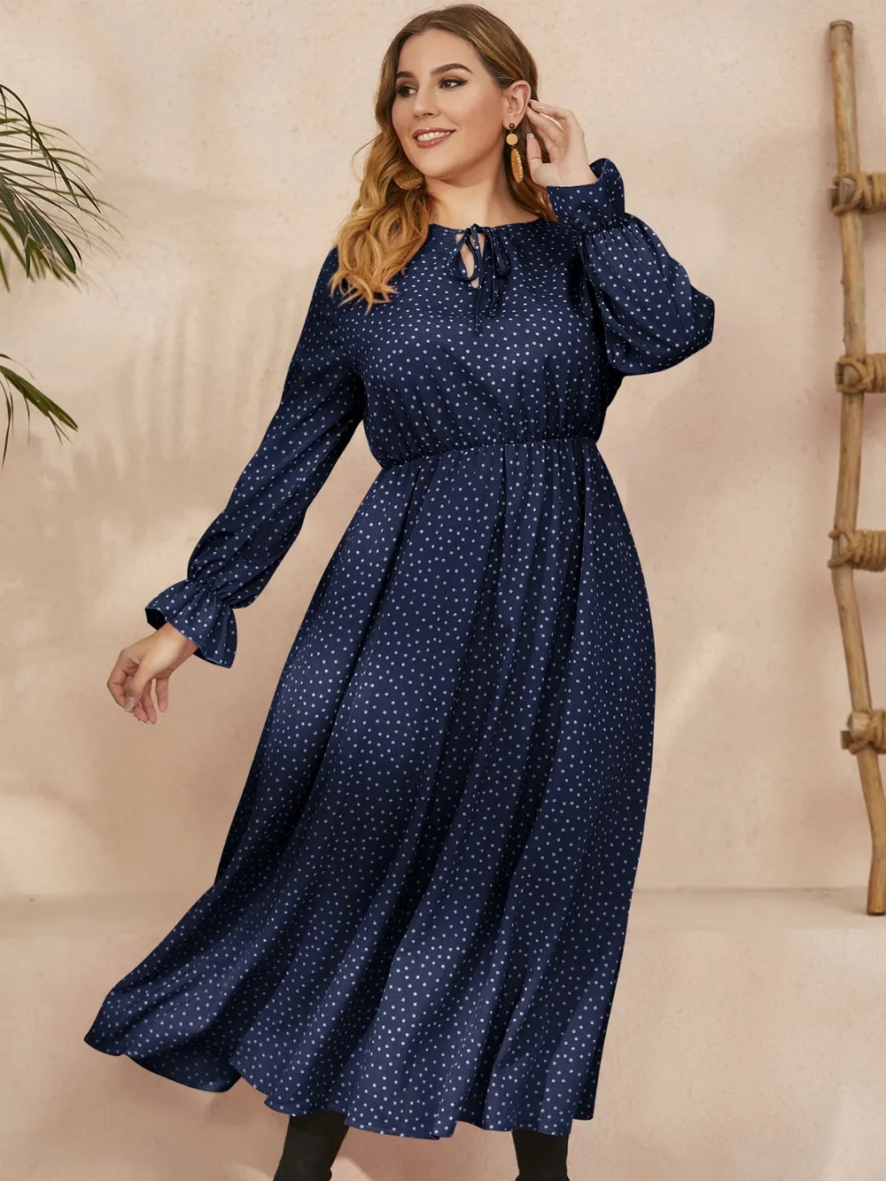 Plus Size Ruffled Polka Dot Long Sleeve Midi Dress, image 6