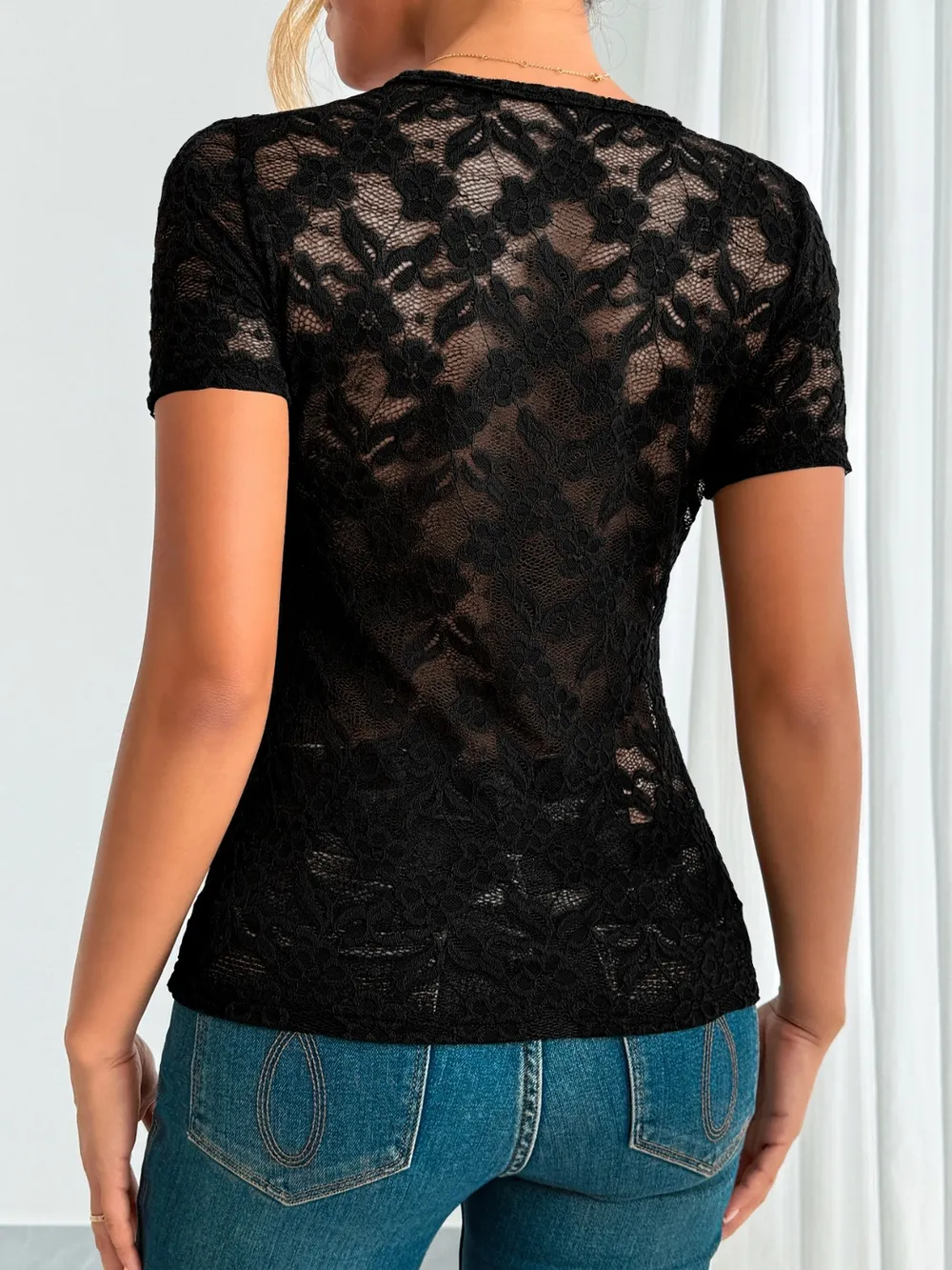 Lace V-Neck Short Sleeve Top, image 9