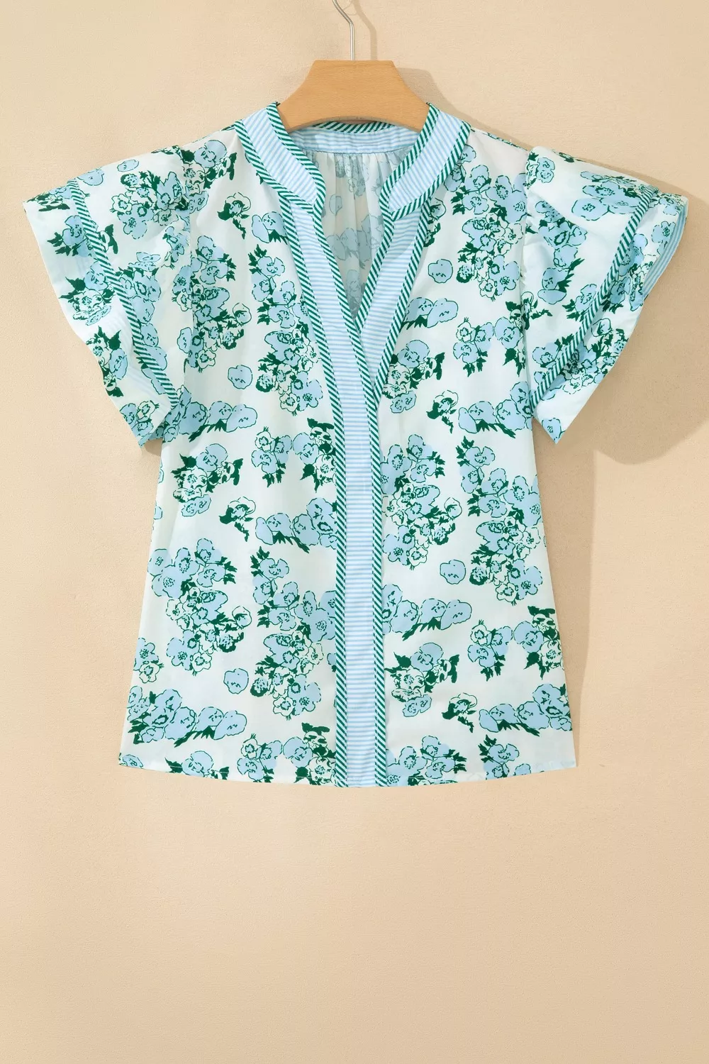 Floral Meets Stripes V Neck Flutter Sleeve Blouse, image 4