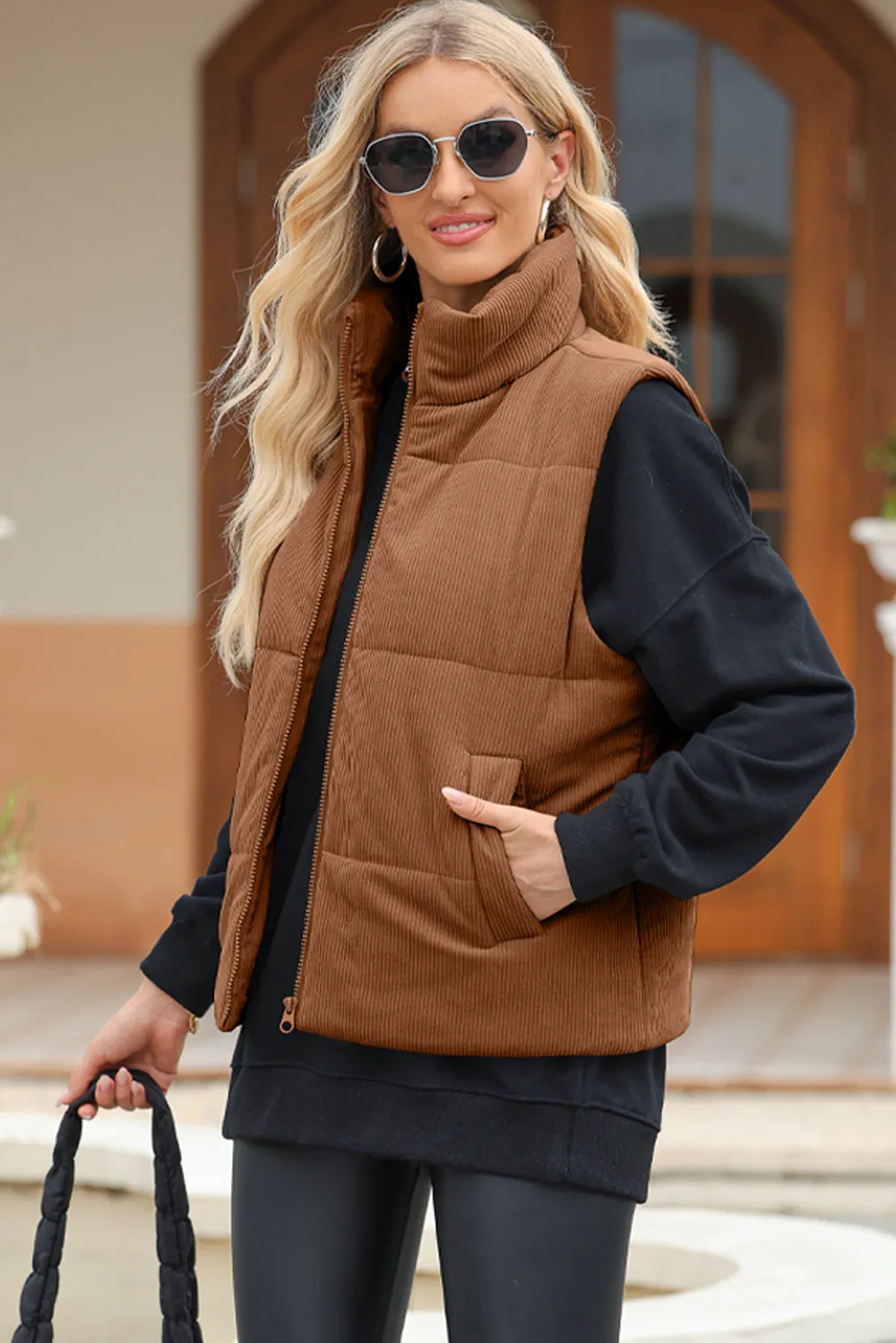 Pocketed Zip Up Turtleneck Vest Coat, image 9